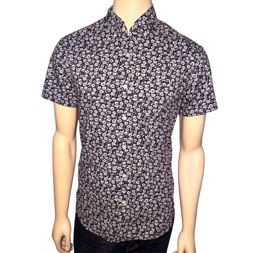 J. Crew Mens Flex Washed Floral Short Sleeve Button Down Shirt Navy Blue M BL165